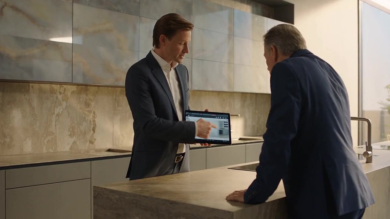 Vertriebsmitarbeiter zeigt einem Küchenstudio die Planungssoftware am Tablet